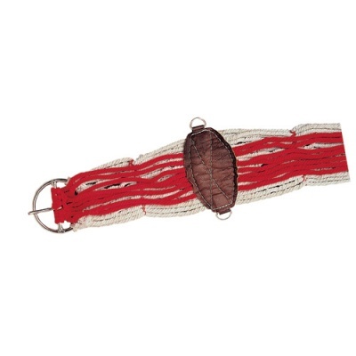 Cinto largo tecido bege com detalhes vermelhos, fivela prateada e aplicação em couro castanho