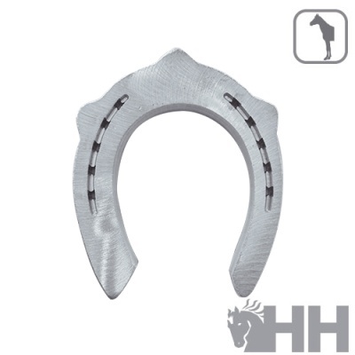 Ferradura metálica prateada com pregos e logotipo HH