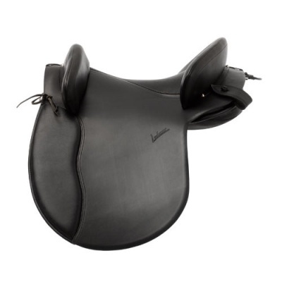Sela de equitação em couro preto com apoio frontal e traseiro