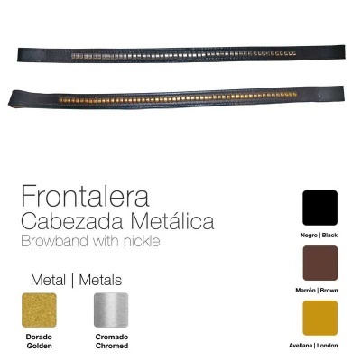 Duas frontaleiras metálicas em couro preto com detalhes dourados e cromados, com descrição e opções de cores.