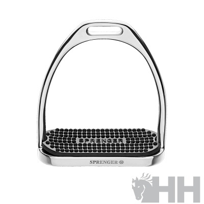 Estribo de equitação metal prateado com base preta antiderrapante e texto SPRINGER