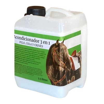 Recipiente branco de acondicionador para cavalos com imagem de cavalo e texto