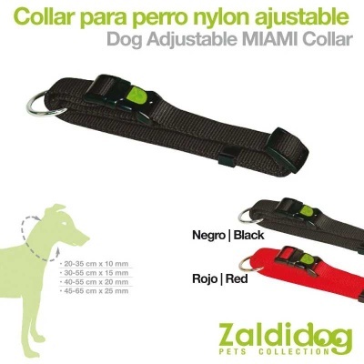 Coleira ajustável para cão em nylon preto e vermelho com fivela e argola metálica