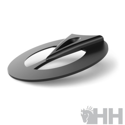 Dispositivo circular metálico preto e cinzento com componente triangular.