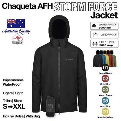 Jaqueta preta impermeável AFH Storm Force com capuz, saco de transporte, várias cores e características técnicas