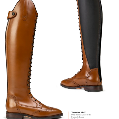 Botas de equitação em pele marrom com parte preta e fecho atrás