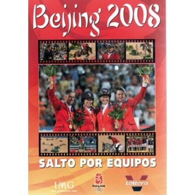 Pôster de equipa de salto por equipas Beijing 2008 com atletas a segurar troféus e imagens da competição equestre