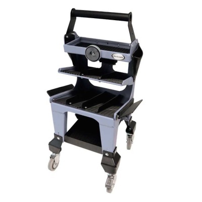 Carrinho oficina metal cinzento com rodas e prateleiras negras