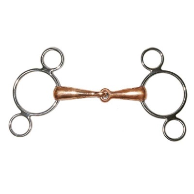 Peça de equipamento equestre metálica com argolas prateadas e parte central em cobre