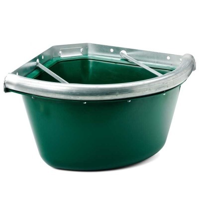 Comedouro de canto verde para animais com estrutura metálica