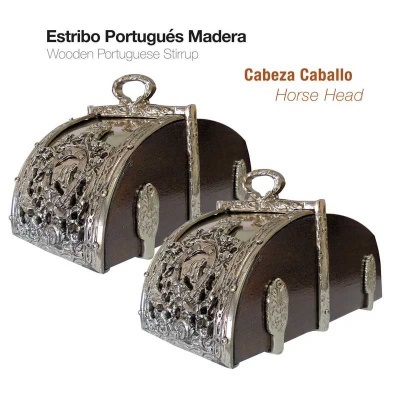 Par de estribos portugueses de madeira com decoração metálica e texto indicativo do produto