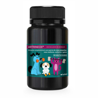 Frasco preto de suplemento para cães e gatos com rótulo verde e ilustrações coloridas
