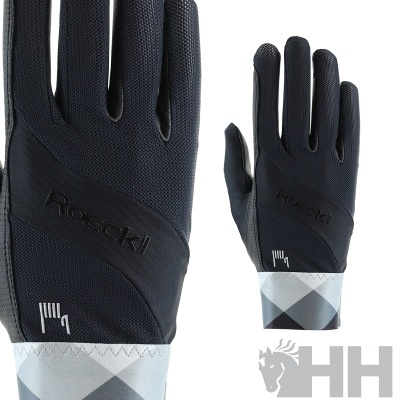 Par de luvas pretas com punhos em padrão xadrez cinza e branco