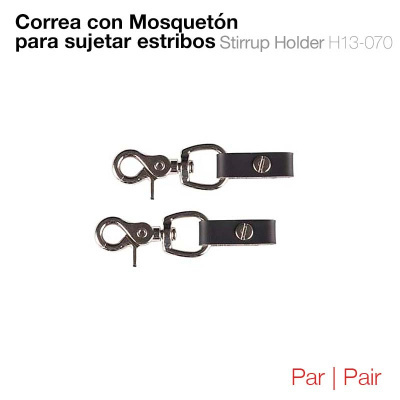 Duas correias com mosquetão para estribos em metal prateado e couro preto