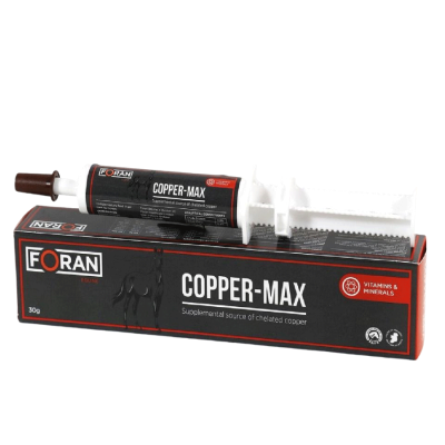 Suplemento Copper-Max da Foran em bisnaga com botão doseador em embalagem preta e vermelha.