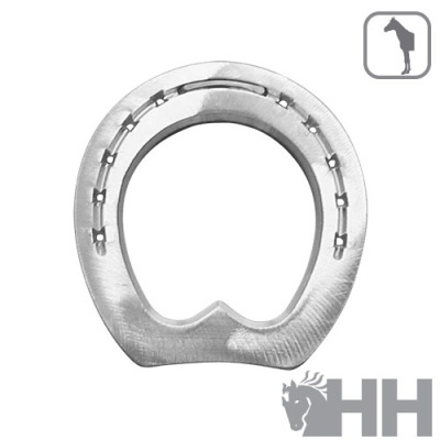 Ferradura metálica prateada com nove furos para pregos