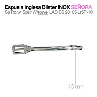 Espuela inglesa em aço inox para senhora com bico de 10 mm em fundo branco.