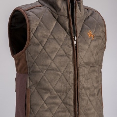Colete acolchoado cinza e castanho com zíper e bordado de cavalo