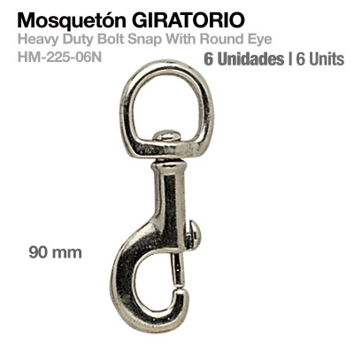 Mosquetão giratório metálico prateado 90 mm com texto explicativo