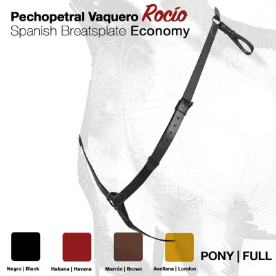 Pechopetral Vaquero Rocío em diversas cores para equitação, com texto descritivo das cores e tamanhos
