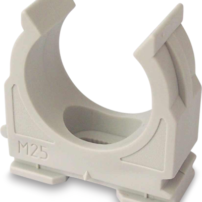 Suporte de fixação tubular em plástico cinzento com inscrição M25
