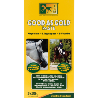 Embalagem amarela do suplemento alimentar para cavalos GOOD AS GOLD PASTE com imagens de cavalos e texto informativo