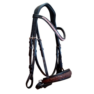 Freio de cabedal preto com strass rosa e detalhes castanhos