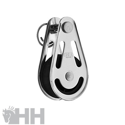 Polia metálica prateada com roda preta e inscrição H3 STAINLESS