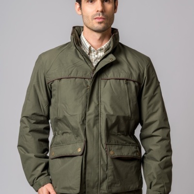 Casaco verde-oliva masculino com bolsos e fecho de correr