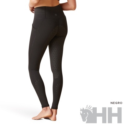 Leggings pretas com padrão texturizado e logótipo HH na cintura, vista traseira.
