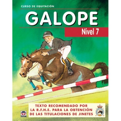 Capa de livro Curso de Equitação Galope Nivel 7 com ilustração de um cavaleiro e cavalo saltando obstáculo