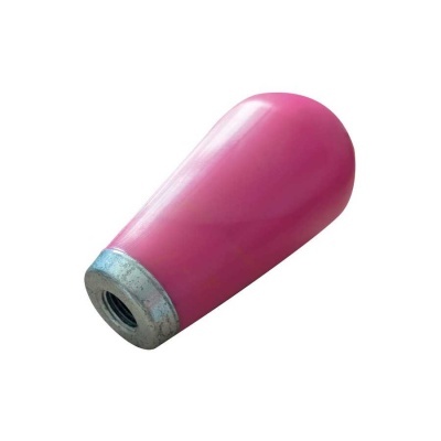 Pomo de alavanca de cor rosa com base metálica prateada.