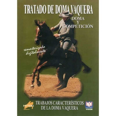 Capa de livro com cavaleiro e cavalo, texto 'TRATADO DE DOMA VAQUERA'