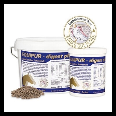 Baldes de suplemento Equipur digest plus com pellets marrons ao lado