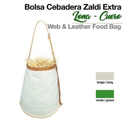 Bolsa de lona bege com detalhes em couro castanho claro e texto descritivo
