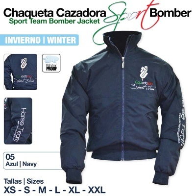 Casaco bomber azul escuro com texto Equestrian Sport Team e Horse Team, fecho de correr, para inverno