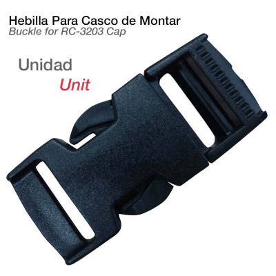 Hebilla preta de plástico para capacete com texto em fundo branco