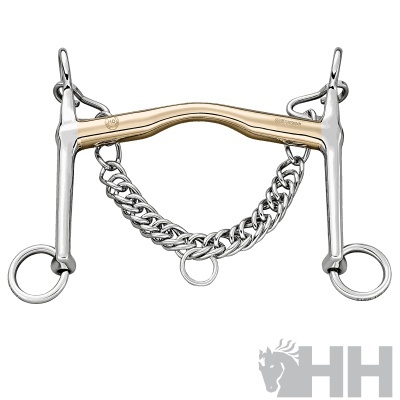 Freio para cavalo bidimensional com barra dourada e corrente prateada