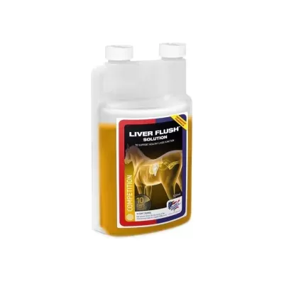 Frasco de solução Liver Flush para cavalos com rótulo preto e amarelo.
