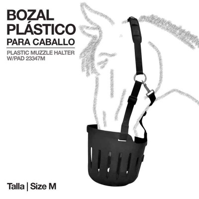 Bozal plástico preto para cavalo tamanho M com tiras ajustáveis e acolchoamento