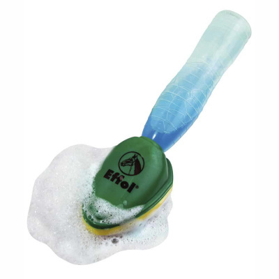 Escova de limpeza com cabo azul translúcido e espuma branca