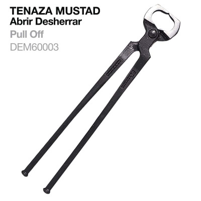 Tenaza Mustad preta de metal para abrir e desherrar com texto informativo