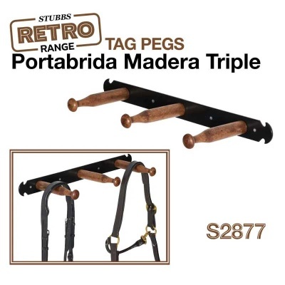 Porta brida de madeira triplo com suporte de metal preto