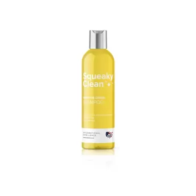 Frasco amarelo de shampoo Squeaky Clean Sensitive Citrus com tampa prata