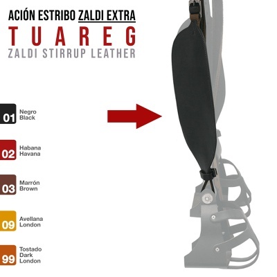 Estribo de equitação em pele preta com texto informativo e opções de cores