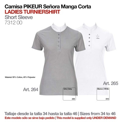 Duas camisas de senhora manga curta PIKEUR cinza e branca com detalhes de botão e texto de tamanho.
