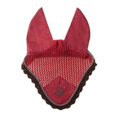Touca vermelha para cavalo com orelhas e malha, com acabamento castanho e logo Fullon