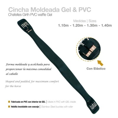 Cincha preta moldada em gel e PVC para cavalos, com fivela inoxidável.