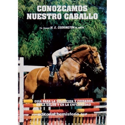 Capa de livro em espanhol com cavalo a saltar obstáculo e texto sobre cuidados e seleção do cavalo