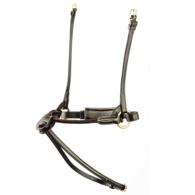 Cabresto preto em couro com fivelas douradas e costuras brancas